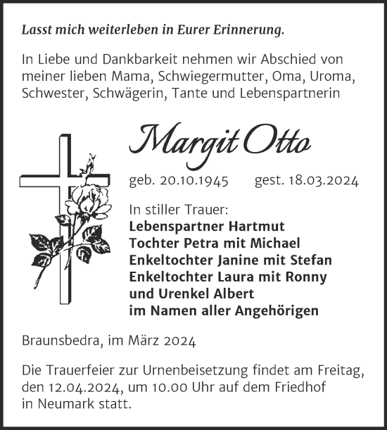Traueranzeige von Margit Otto von Trauerkombi Merseburg