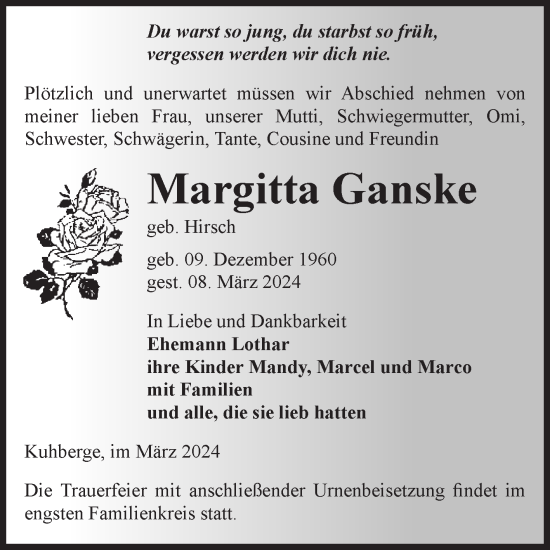 Traueranzeige von Margitta Ganske von Volksstimme Zerbst