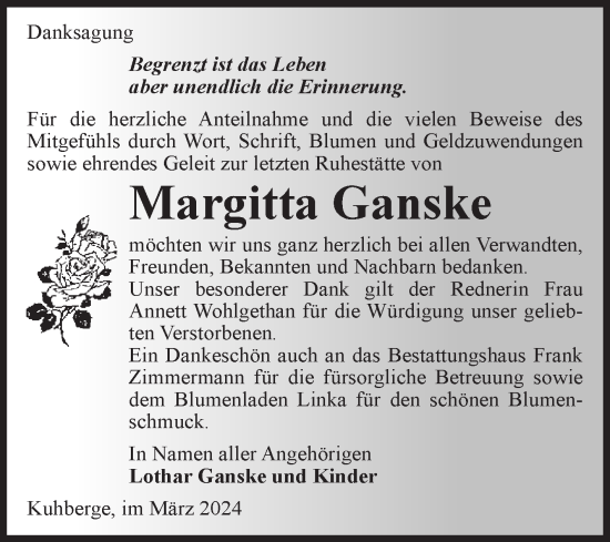 Traueranzeige von Margitta Ganske von Volksstimme Zerbst