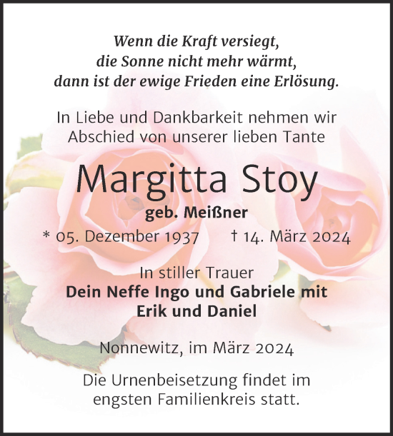Traueranzeige von Margitta Stoy von Trauerkombi Zeitz