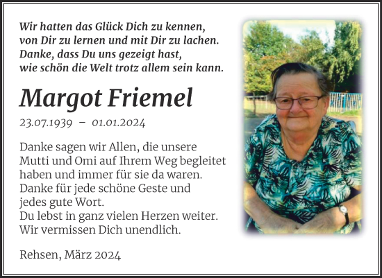 Traueranzeige von Margot Friemel von Trauerkombi Wittenberg