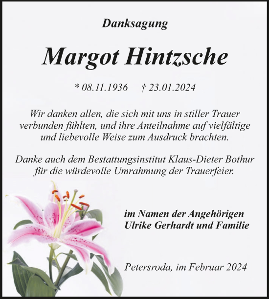 Traueranzeige von Margot Hintzsche von Mitteldeutsche Zeitung Bitterfeld