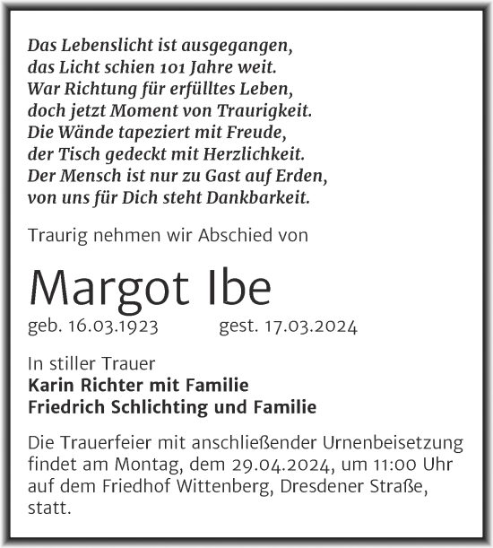 Traueranzeige von Margot Ibe von Trauerkombi Wittenberg