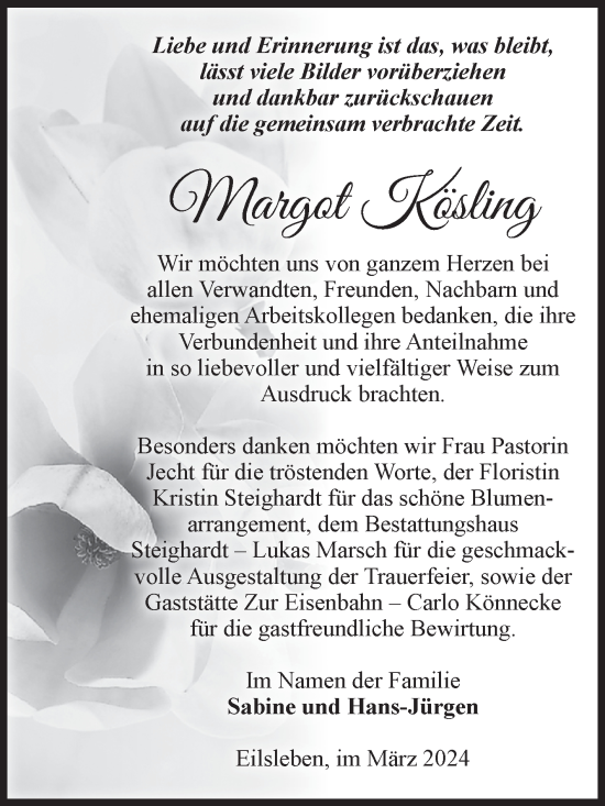 Traueranzeige von Margot Kösling von Volksstimme Oschersleben/Wanzleben