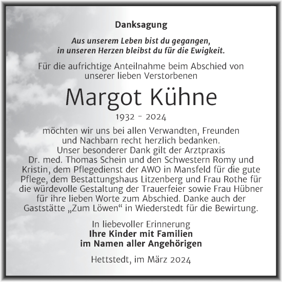 Traueranzeige von Margot Kühne von Trauerkombi Mansfelder Land