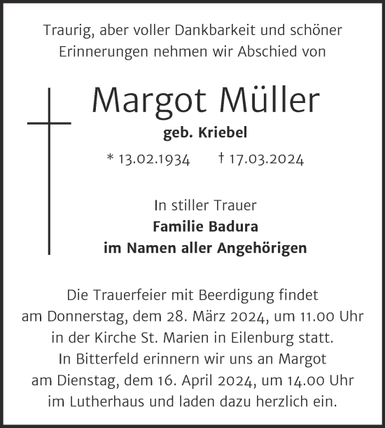 Traueranzeige von Margot Müller von Mitteldeutsche Zeitung Bitterfeld