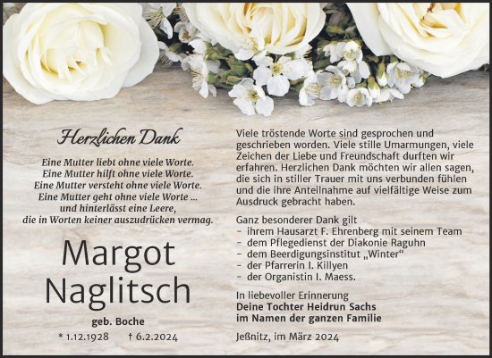 Traueranzeige von Margot Naglitsch von Trauerkombi Bitterfeld