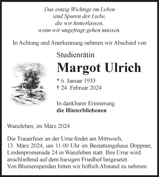 Traueranzeige von Margot Ulrich von Volksstimme Oschersleben/Wanzleben