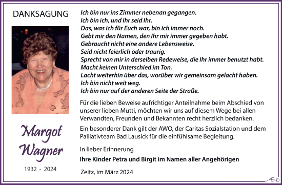 Traueranzeige von Margot Wagner von Trauerkombi Zeitz