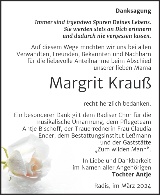 Traueranzeige von Margrit Krauß von Trauerkombi Wittenberg