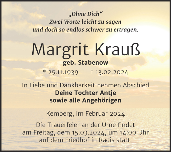 Traueranzeige von Margrit Krauß von Trauerkombi Wittenberg