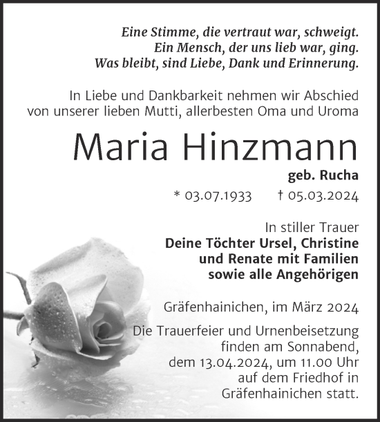 Traueranzeige von Maria Hinzmann von Trauerkombi Wittenberg