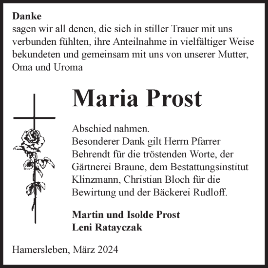 Traueranzeige von Maria Prost 