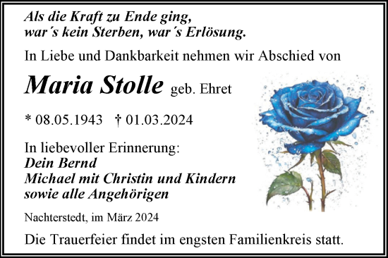 Traueranzeige von Maria Stolle von Trauerkombi Aschersleben