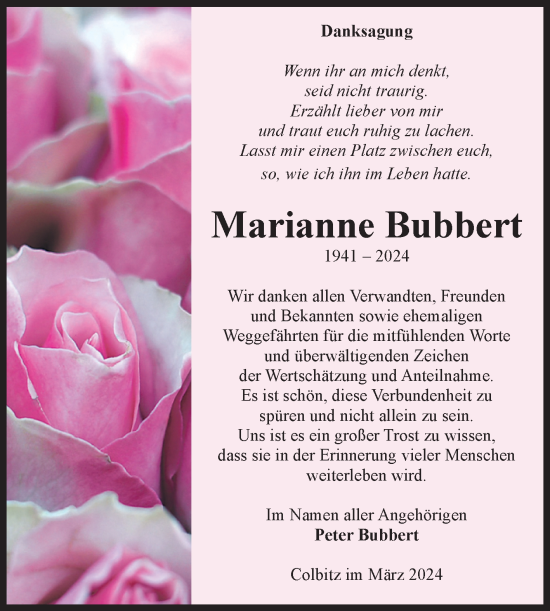 Traueranzeige von Marianne Bubbert von Volksstimme Haldensleben/Wolmirstedt