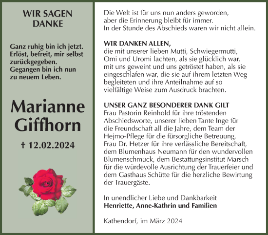 Traueranzeige von Marianne Giffhorn von Volksstimme Haldensleben/Wolmirstedt