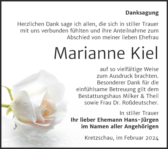 Traueranzeige von Marianne Kiel von Trauerkombi Zeitz
