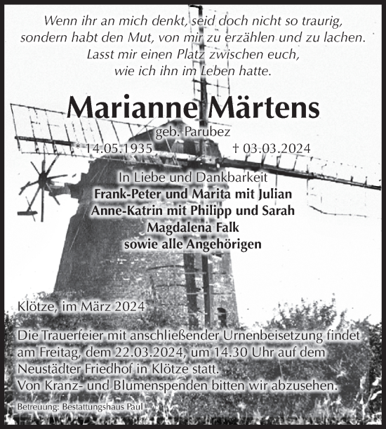 Traueranzeige von Marianne Märtens von Volksstimme Altmark West