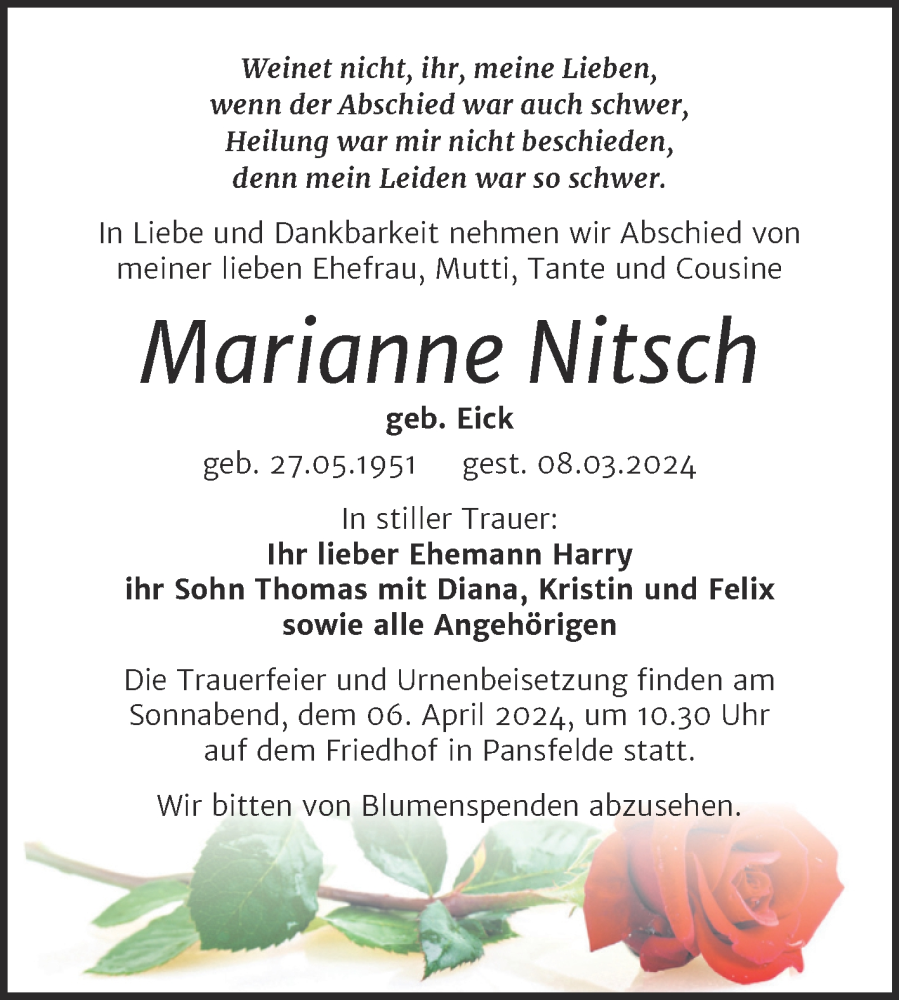  Traueranzeige für Marianne Nitsch vom 16.03.2024 aus Trauerkombi Quedlinburg