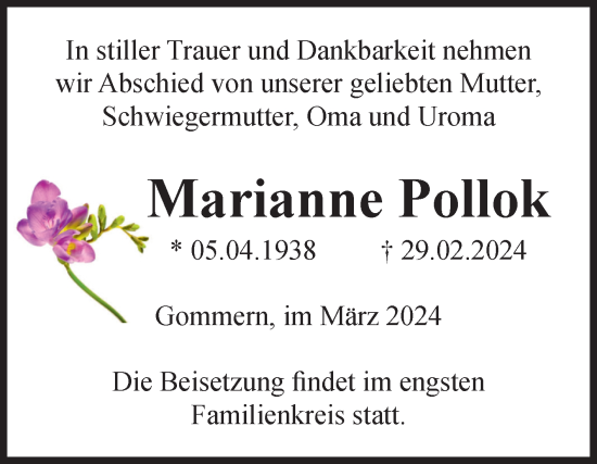 Traueranzeige von Marianne Pollok von Volksstimme Burg/Genthin