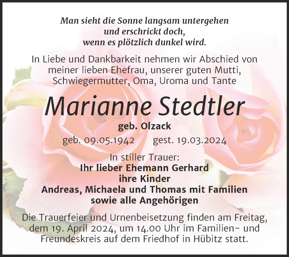  Traueranzeige für Marianne Stedtler vom 30.03.2024 aus Trauerkombi Mansfelder Land