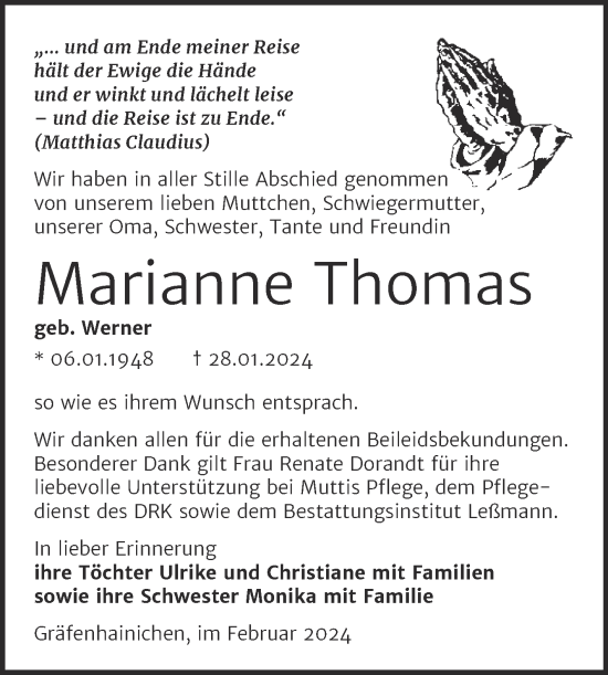 Traueranzeige von Marianne Thomas von Trauerkombi Wittenberg