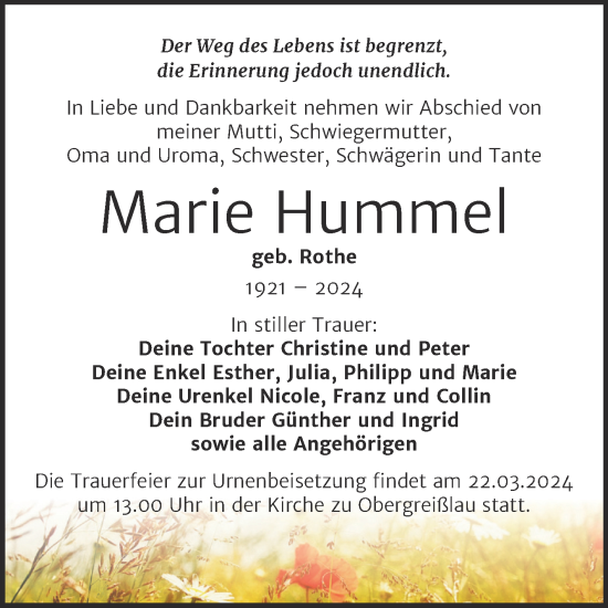 Traueranzeige von Marie Hummel von Trauerkombi Weißenfels