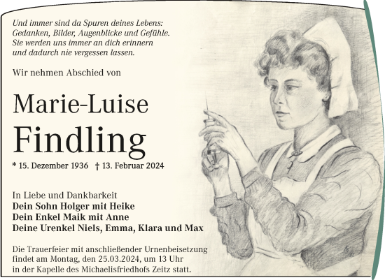 Traueranzeige von Marie-Luise Findling von Mitteldeutsche Zeitung Zeitz