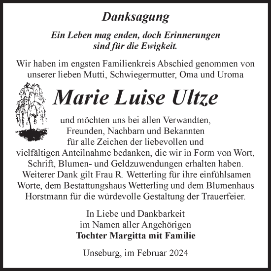 Traueranzeige von Marie Luise Ultze von Volksstimme Staßfurt