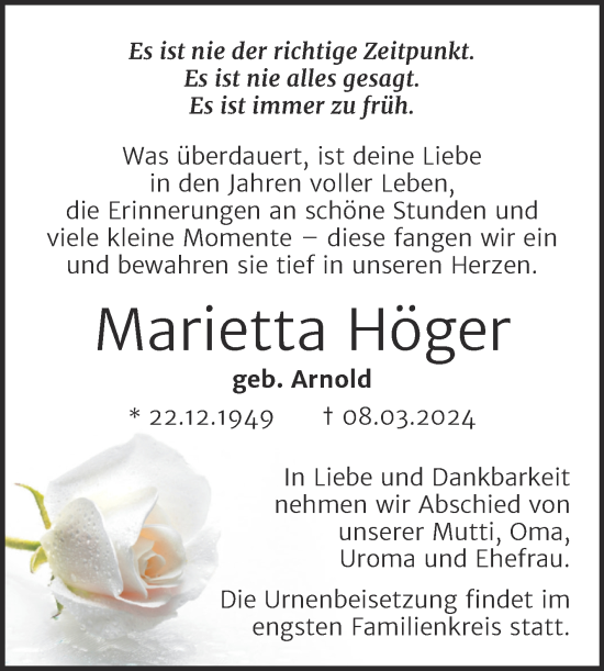 Traueranzeige von Marietta Höger von Trauerkombi Wittenberg