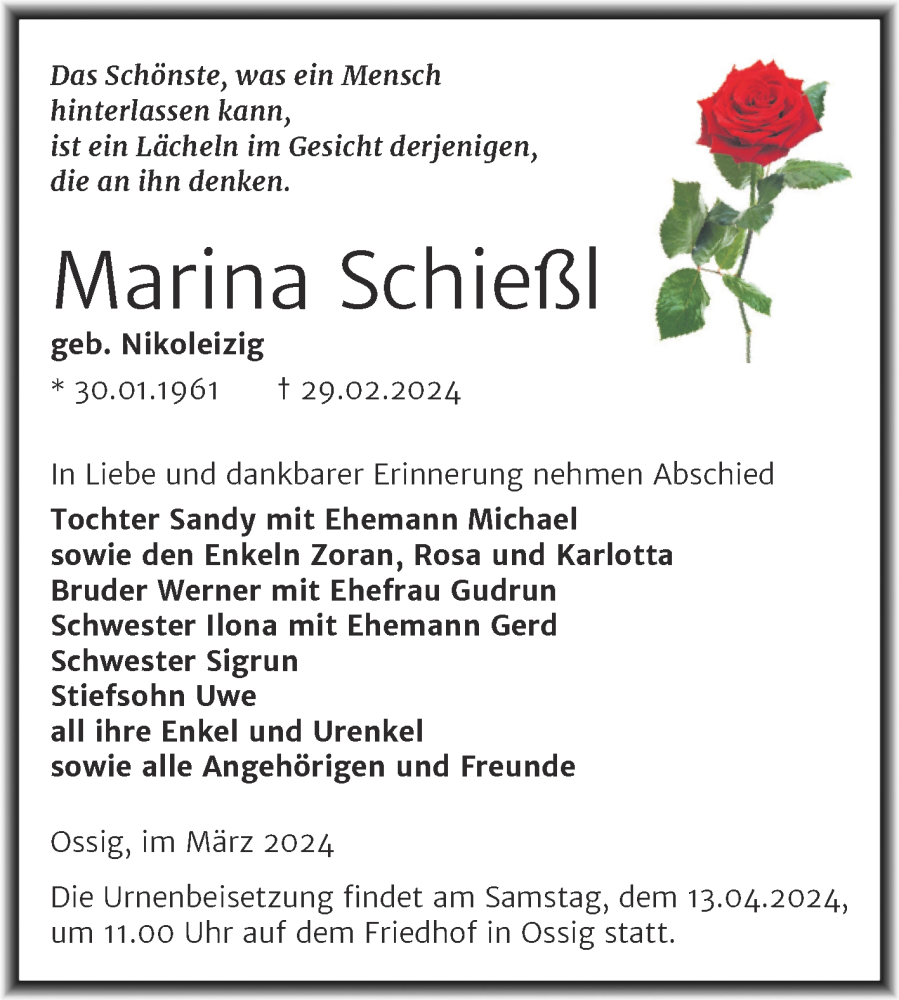  Traueranzeige für Marina Schießl vom 23.03.2024 aus Trauerkombi Zeitz