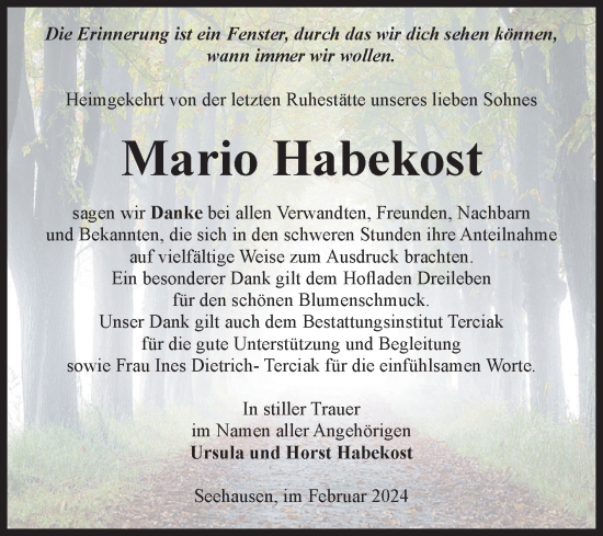 Traueranzeige von Mario Habekost von Volksstimme Oschersleben/Wanzleben