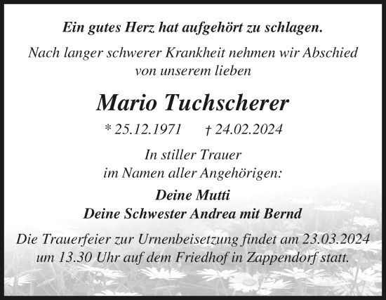 Traueranzeige von Mario Tuchscherer von Mitteldeutsche Zeitung Halle/Saalkreis