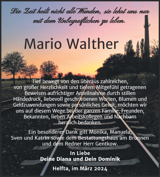 Traueranzeige von Mario Walther von Trauerkombi Mansfelder Land