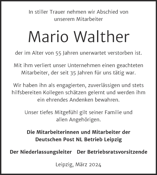 Traueranzeige von Mario Walther von Super Sonntag Mansfelder Land