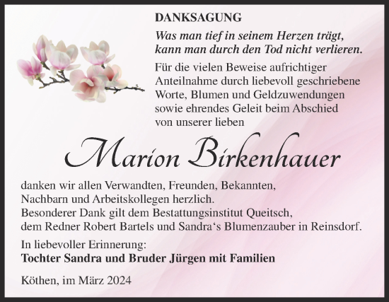 Traueranzeige von Marion Birkenhauer von Trauerkombi Köthen