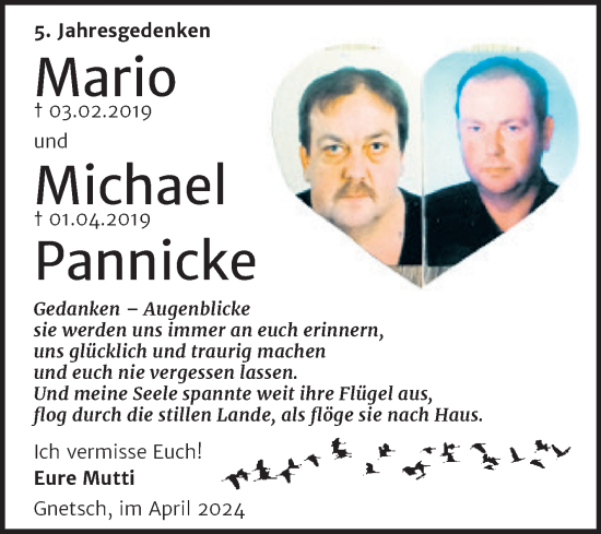 Traueranzeige von Mario und Michael Pannicke von Trauerkombi Köthen