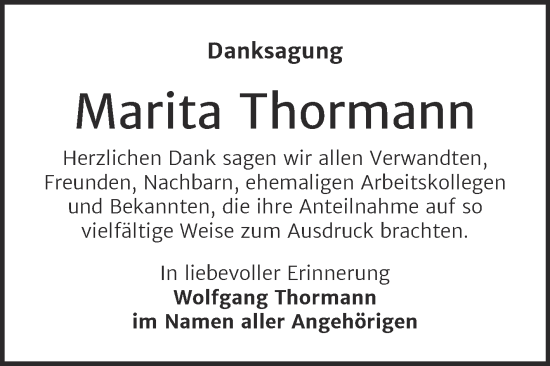 Traueranzeige von Marita Thormann von Trauerkombi Sangerhausen