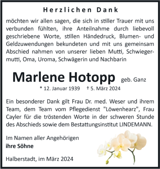 Traueranzeige von Marlene Hotopp von Volksstimme Halberstadt