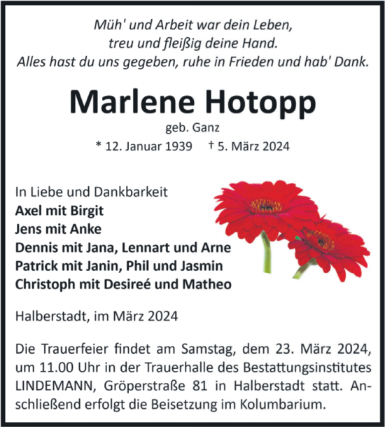 Traueranzeige von Marlene Hotopp von Volksstimme Halberstadt
