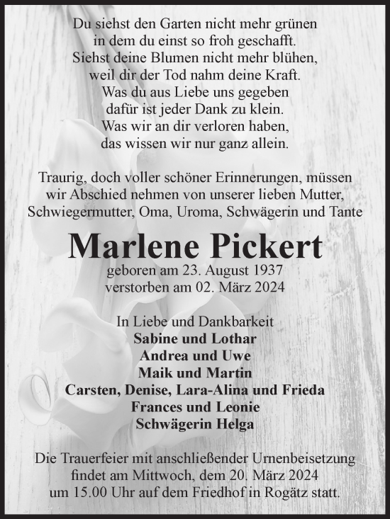 Traueranzeige von Marlene Pickert von Volksstimme Haldensleben/Wolmirstedt