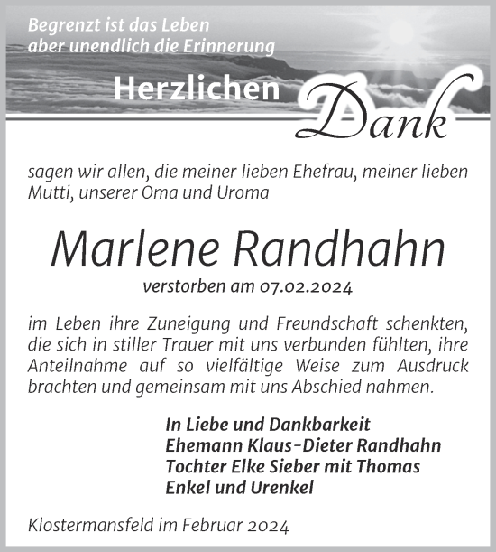 Traueranzeige von Marlene Randhahn von Trauerkombi Mansfelder Land