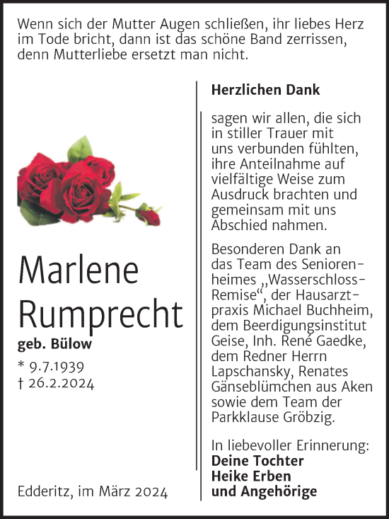 Traueranzeige von Marlene Rumprecht von Trauerkombi Köthen