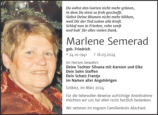 Traueranzeige von Marlene Semerad von Trauerkombi Weißenfels