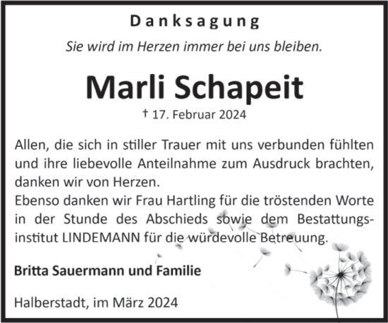 Traueranzeige von Marli Schapeit von Volksstimme Halberstadt