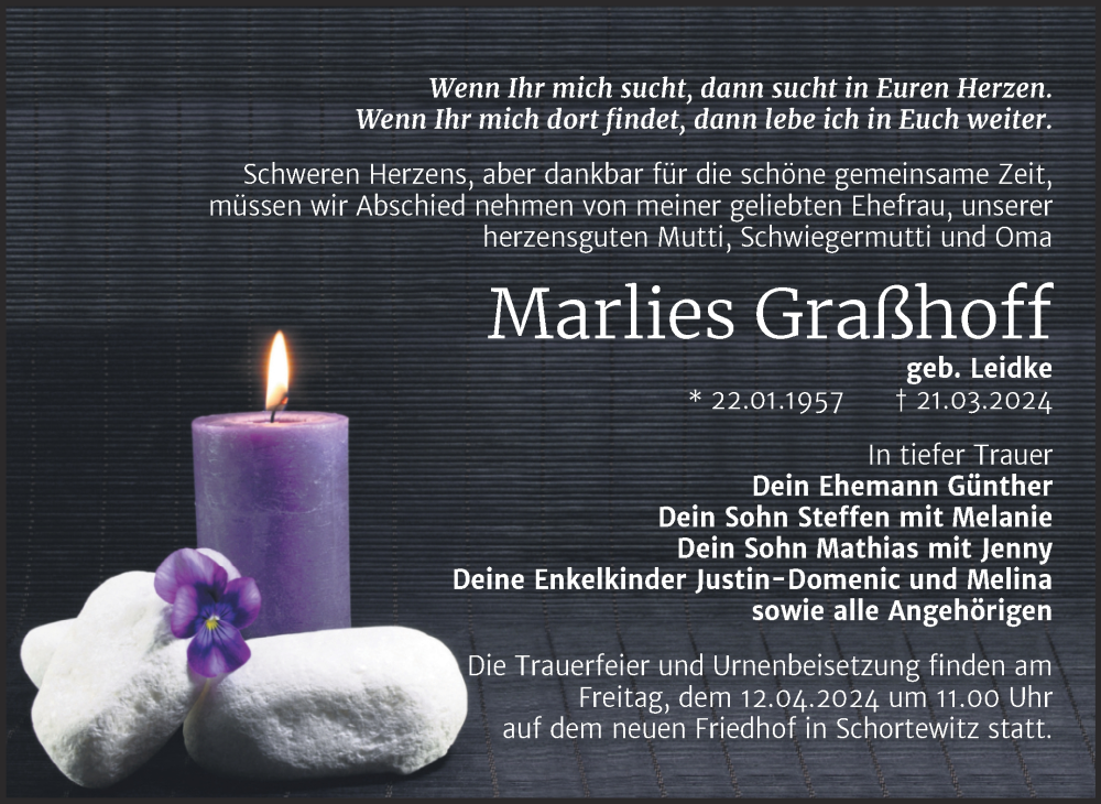  Traueranzeige für Marlies Graßhoff vom 27.03.2024 aus Trauerkombi Köthen