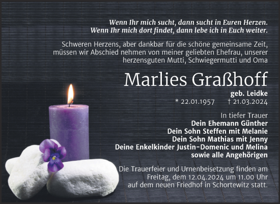 Traueranzeige von Marlies Graßhoff von Trauerkombi Köthen