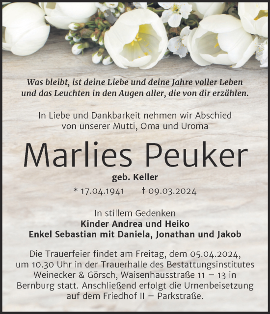 Traueranzeige von Marlies Peuker von Trauerkombi Bernburg