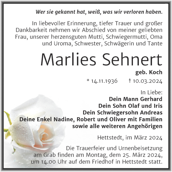 Traueranzeige von Marlies Sehnert von Trauerkombi Mansfelder Land