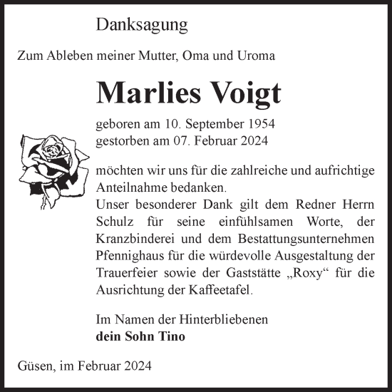 Traueranzeige von Marlies Voigt von Volksstimme Burg/Genthin